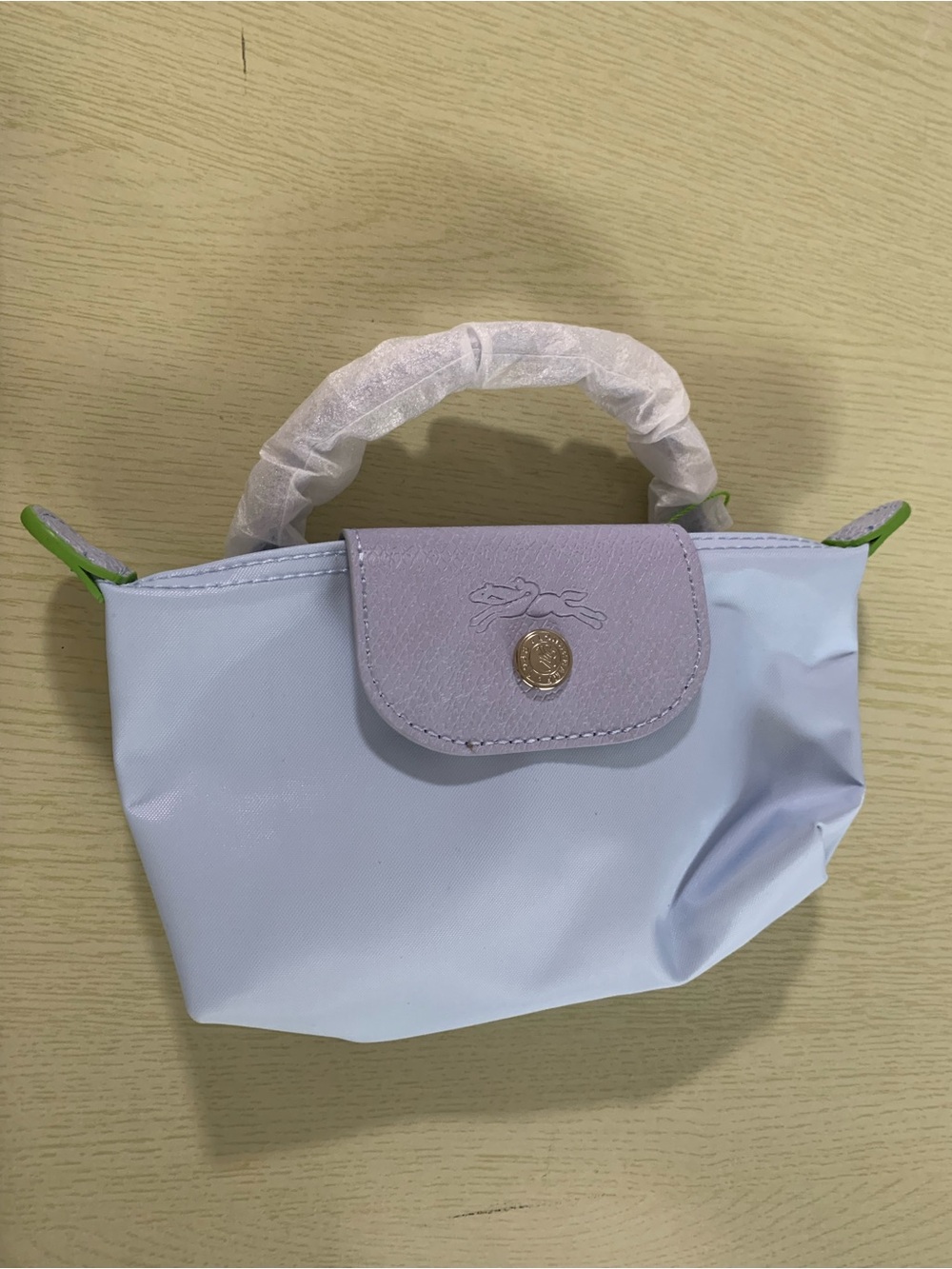Longchamp Light Lavender Mini Top-Handle Bag with Lime Trim